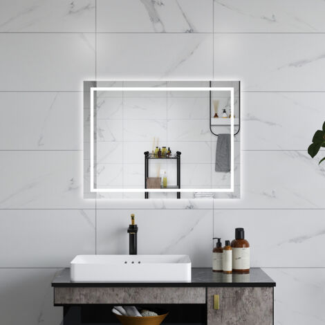 ESPEJO DE PARED RECTANGULAR LED 80 X 60 CM, LUZ BLANCA 6000K, ANTIVAHO, TÁCTIL