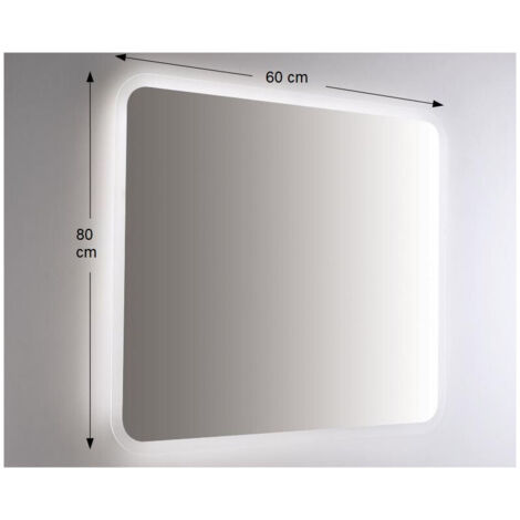 Espejo de pared retroiluminado con LED 60x80 mm de grosor 4 mm, con esquinas redondeadas de 7 mm