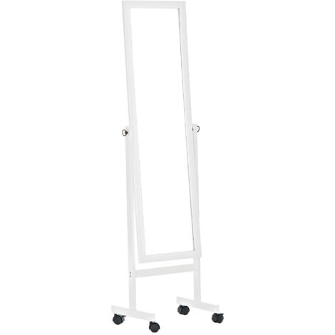 Espejo de pie con ruedas, forma de espejo rectangular 113 x 28 cm en madera blanca 100003726