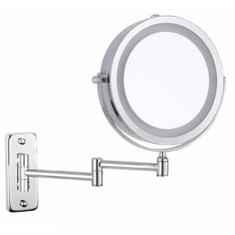 Espejo de tocador de pared con iluminación LED, doble cara, aumento de 10x, rotación de 360°, retráctil, cromado, 7 pulgadas