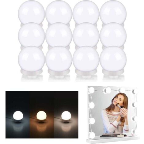 Espejo de tocador LED Hollywood Light: 12 lámparas LED para maquillaje, 3 colores, recargable por USB, regulable