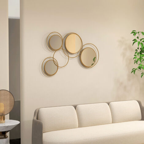 Espejo Decorativo de Pared de Metal 3D Decoración con 4 Espejos Redondos para Salón Dormitorio Pasillo 110x68 cm Dorado
