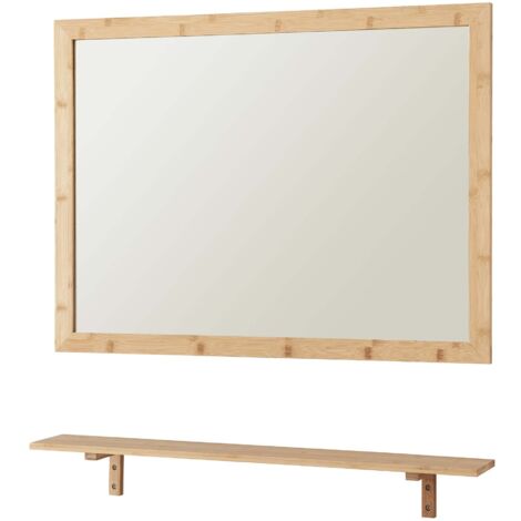 Espejo decorativo moderno de pared con estante de bambú 80 x 60 cm acabado natural 030010173