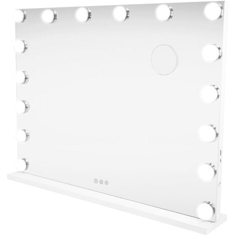 MONSTER SHOP Espejo HOLLYWOOD 80 x 60cm con luz LED & altavoz Bluetooth Espejo con aumento de 10x 2 puertos de carga, USB-A y USB-C 3 modos de color Paño de limpieza de microfibra + Kit de Fijación incluído