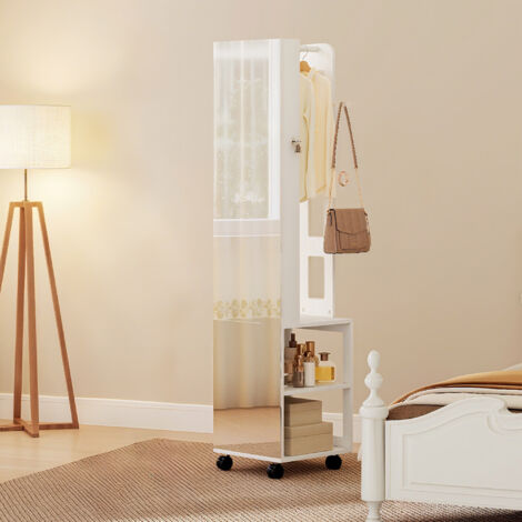 Espejo Joyero con Luces LED Armario para Joyas de Giro de 360° Cerradura y Llaves Superficie Blanco y Forro Beige