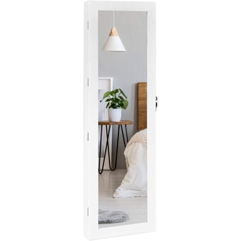 Espejo Joyero Cuelga a Puerta Pared con LED Luces Armario para Joyas 37x8,5x120cm con Bloqueo 2 Cajones 5 Estantes 29 Ganchos
