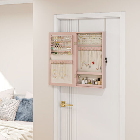 Espejo Joyero de Pared con Cerradura y Varios Compartimentos Montar en Pared o Puerta Rosa y Forro Beige