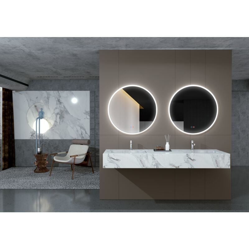 Miroir rond avec cadre acrylique éclairé, double capteur, triled anti-buée Calida, Fria, Neutra, miroir dressing, salle de bain, maquillage ø 80cm