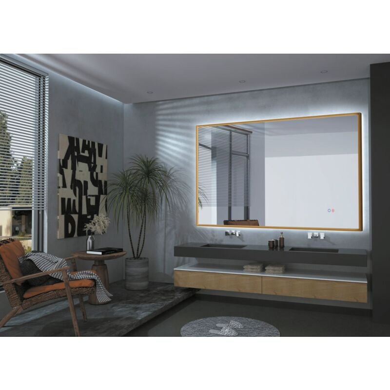 Miroir avec lumière led pour salle de bain, chambre rétroéclairé avec verre superposé au cadre, double capteur marche/arrêt, anti-buée 120x80cm