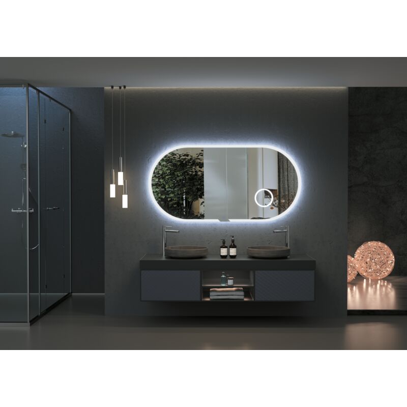 Mice Collection - Miroir lumineux avec miroir grossissant x3 intégré adapté pour salle de bain, dressing, régulation d'intensité, anti-buée avec