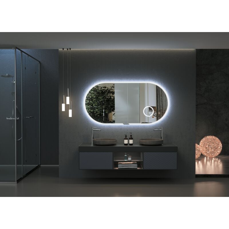 Miroir lumineux avec miroir grossissant x3 intégré adapté pour salle de bain, dressing, régulation d'intensité, anti-buée avec lumière froide
