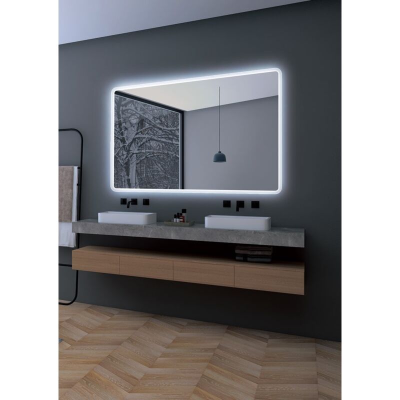 Miroir avec lumière led aux bords arrondis, contour sablé lumière froide, double capteur antibuée - Miroirs pour salle de bain, dressing 90 x 80Cm