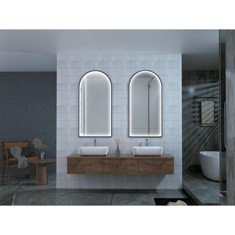 Miroir avec lumière LED pour dressing, salle de bain lumière périmétrique intégrée dans un cadre en noir mat rétroéclairé, double capteur, anti-buée