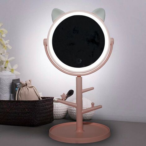Espejo maquillaje cosmético luz LED sobremesa con soporte para joyas recargable  Color: Rosa