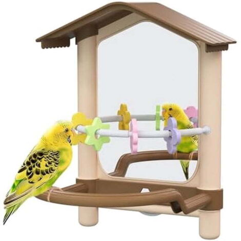 Espejo para pájaros de 8,1 pulgadas, con percha y juguete para la dentición de periquitos, accesorios de decoración para jaulas de loros (marrón)