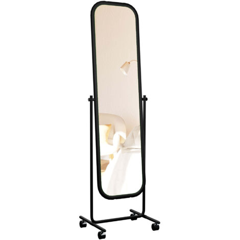Espejo rectangular de pie con esquinas redondeadas 166 x 48 cm con ruedas giratorias de 360° marco de metal negro 100008353