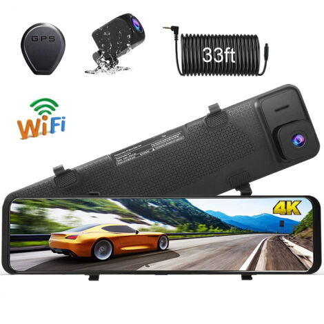 Espejo retrovisor de 12 pulgadas con resolución 4K+1080P, cámaras de salpicadero duales delanteras y traseras, WiFi, pantalla táctil, GPS, detección de colisiones.