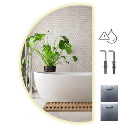 Espejo semicircular con iluminación LED, FI 55, biselado, IP65 resistente al agua