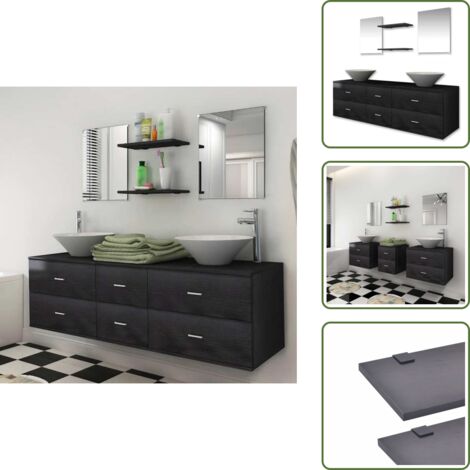 Espejo - vidaXL Conjunto de muebles de baño y lavabo 7 piezas negro - Armario de baño