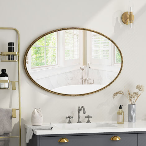 Espejos de baño sencillos, espejo de pared vintage, apto para baño, dormitorio, sala de estar, ovalado, dorado