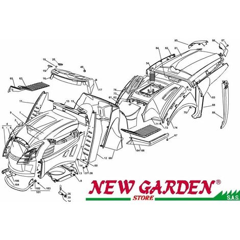 Esploso carrozzeria 122cm XX220HD trattorino rasaerba CASTELGARDEN ricambi 86 COPERCHIO ANGOLARE SINISTRO