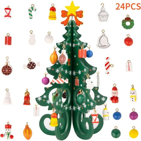 Espositore decorativo per albero di Natale in legno, albero di Natale in miniatura 3D con 24 pendenti per decorazione di finestre, decorazione da tavolo, regalo - Verde