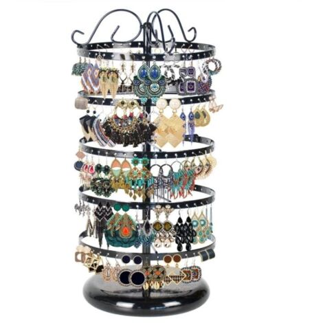 Espositore per orecchini in ferro nero con 210 scomparti, girevole a 360°, 5 ripiani, 42x15 cm, albero portagioie con base stabile.