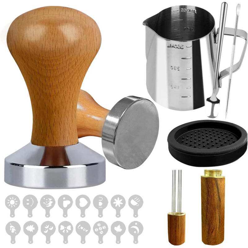 Espresso Tamper - Tasseur Café 51mm - Kit d’Accessoires pour Machines à Café Lot de 21, avec Pichet à Lait, Tapis Tamper, Pochoirs, Agitateur et