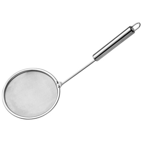 Espumadera de acero inoxidable con malla fina y mango largo, ideal para platos calientes y para cocinar.