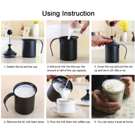Espumador de leche de acero inoxidable negro de doble malla de 400 ml para decorar el café.