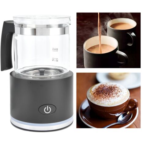 Espumador de leche eléctrico con calentamiento automático, de vidrio, desmontable y silencioso, capacidad de 250 ml, color negro, 2 cabezales batidores.