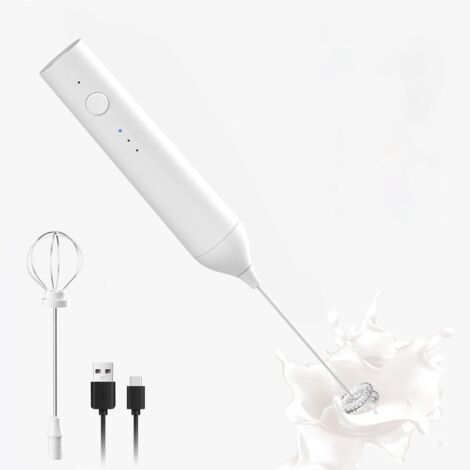 Espumador de leche recargable, espumador de leche eléctrico de 3 velocidades, con mango y accesorio batidor (blanco).