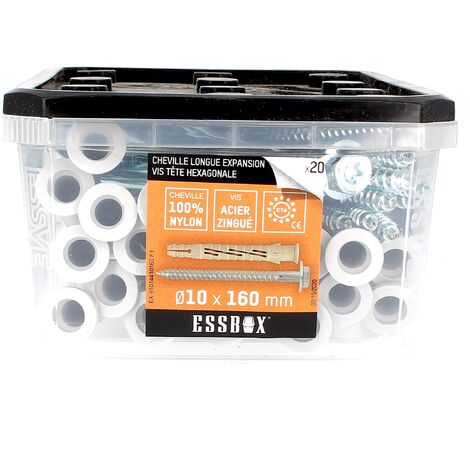 ESSBOX de 20 Chevilles Nylon Longue Expansion avec TH Embase Acier 10X160