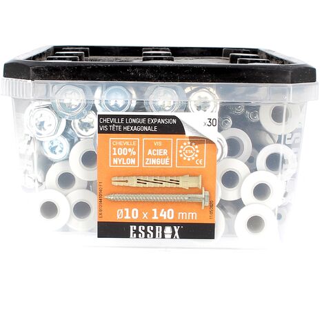 ESSBOX de 30 Chevilles Nylon Longue Expansion avec TH Embase Acier 10X140