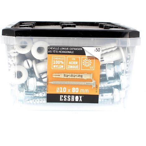 ESSBOX de 50 Chevilles Nylon Longue Expansion avec TH Embase Acier 10X80