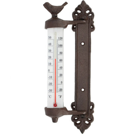 Esschert Design – Thermomètre mural oiseau en fonte – Lecture rotative – Échelle de -30 °C à +50 °C – Dimensions 27,3 x 9,4 x 5,4 cm