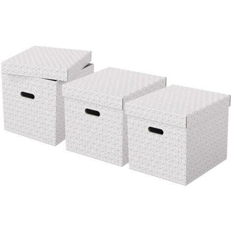 Esselte Set di 3 Contenitori Cubici Grandi con Coperchio in Cartone Riciclato e Riciclabile al 100%, Ottimali per lo Stoccaggio e l'Archiviazione, Design Geometrico, 320 mm x 315 mm x 365 mm, Bianco