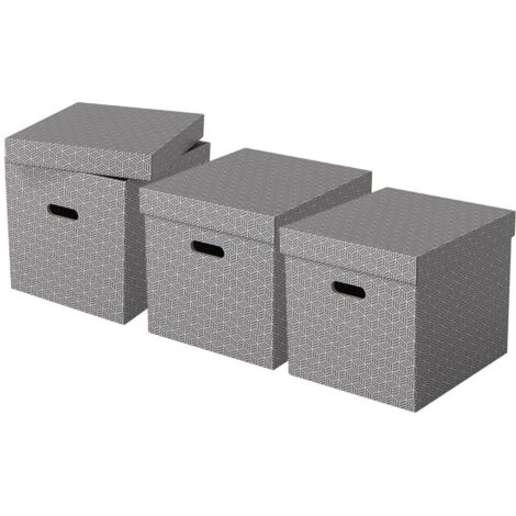 Esselte Set di 3 Contenitori Cubici Grandi con Coperchio in Cartone Riciclato e Riciclabile al 100%, Ottimali per lo Stoccaggio e l'Archiviazione, Design Geometrico, 320 mm x 315 mm x 365 mm, Grigio