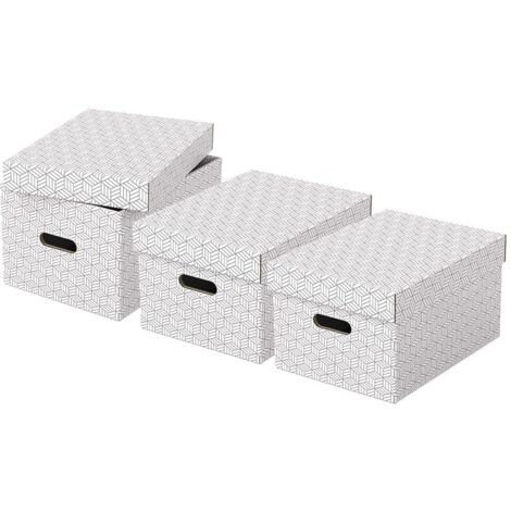 Esselte Set di 3 Contenitori Medi con Coperchio in Cartone Riciclato e Riciclabile al 100%, Ottimali per lo Stoccaggio e l'Archiviazione, Design Geometrico, 265 mm x 205 mm x 365 mm, Bianco