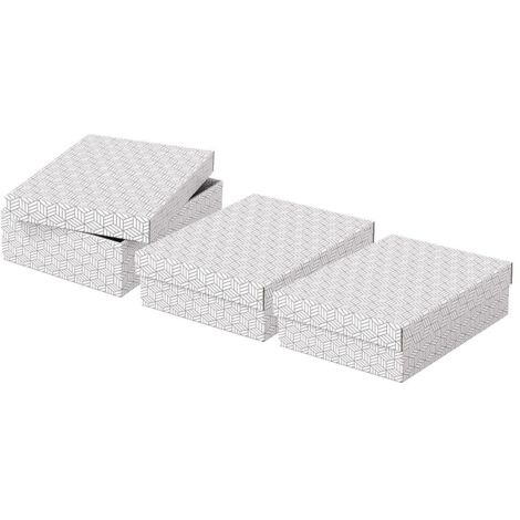 Esselte Set di 3 Contenitori Medi con Coperchio in Cartone Riciclato e Riciclabile al 100%, Ottimali per lo Stoccaggio o come Confezione Regalo, Design Geometrico, 265 mm x 100 mm x 360 mm, Bianco