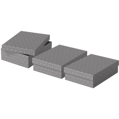 Esselte Set di 3 Contenitori Medi con Coperchio in Cartone Riciclato e Riciclabile al 100%, Ottimali per lo Stoccaggio o come Confezione Regalo, Design Geometrico, 265 mm x 100 mm x 360 mm, Grigio