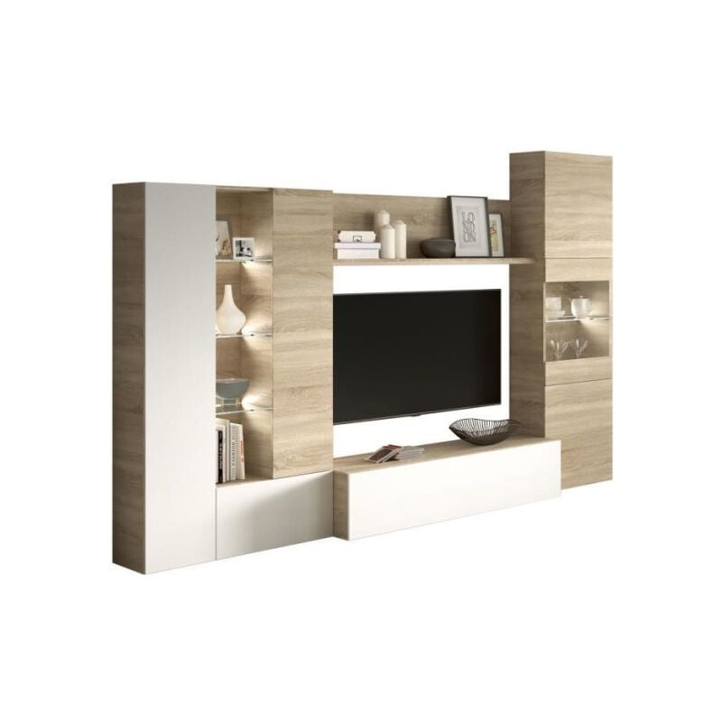 Essencial Meuble tv avec led classique blanc brillant et décor chene - l 260 cm