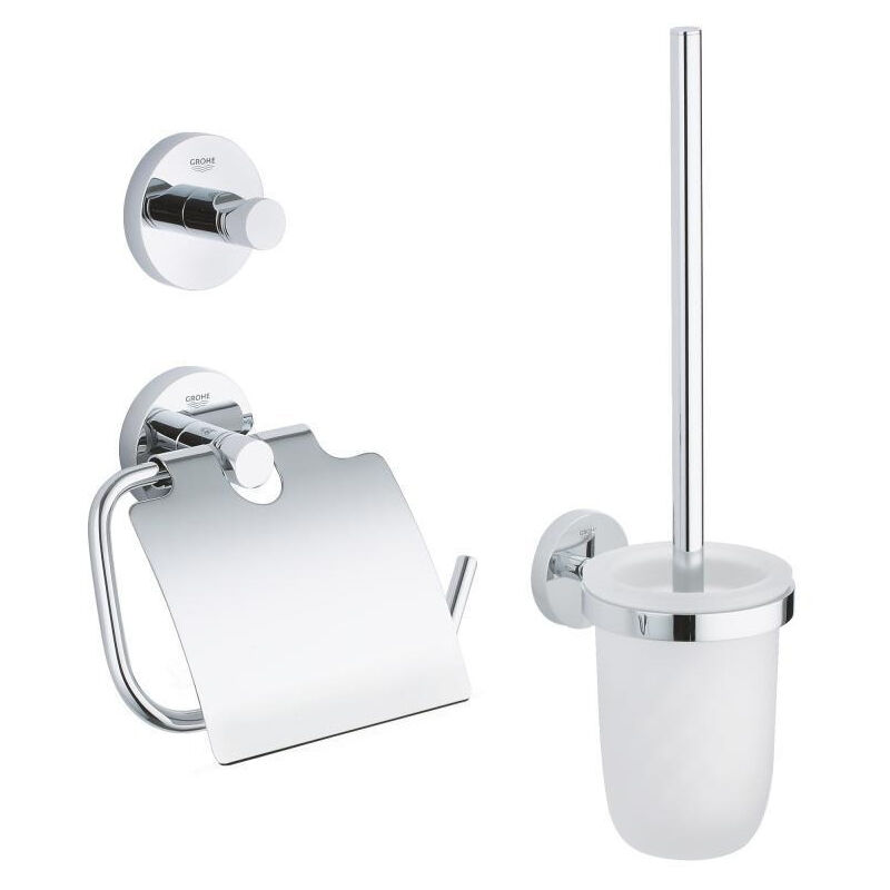Essentials 3-in-1 accessory set: Wall mounted toilet hook + Toilet brush and holder + Toilet roll holder, chrome (40407001) - Grohe