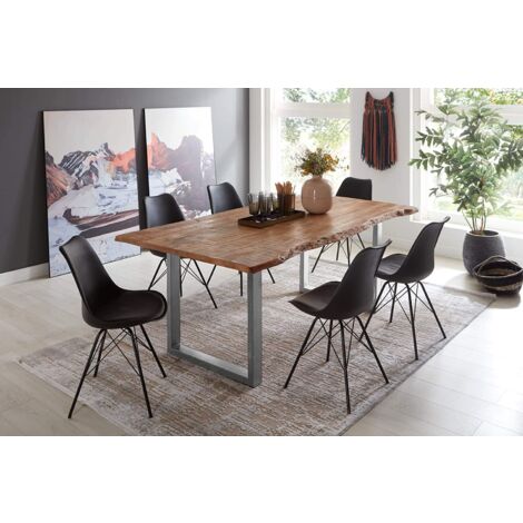 Essgruppe 220 cm Mango naturfarben U-Gestell silber mit 6 Stühlen NORINA