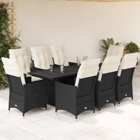 Essgruppe für den Garten 9 Teile mit schwarzen Kissen aus geflochtener Rattan