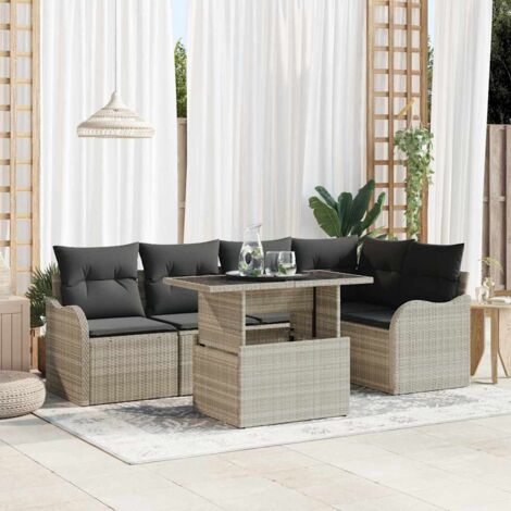 Essgruppe mit Kissen 6 pcs Hellgrau Poly Rattan vidaXL
