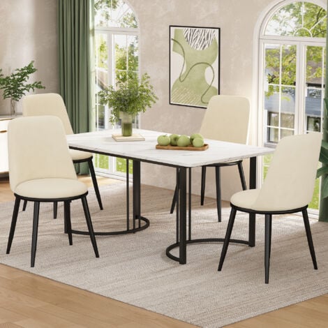 Essgruppe (Set, Esstisch 140 x 80 x 75 cm mit 4 Stühlen), modernes Küchentisch-Set, runde Sitze aus beigem Samt, Stuhlbeine aus schwarzem Metall, Tischplatte aus weißem MDF, s