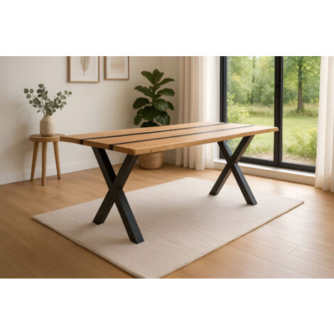 Esstisch 140 x 80 cm Akazie massiv natur mit schwarzen Resin-Adern X-Gestell schwarz PETER