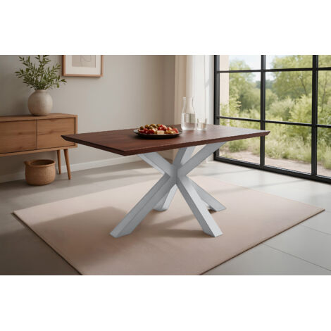 Esstisch 140x80cm Akazie massiv kastanienfarben schweizer Kante Spider-Gestell silber RITA