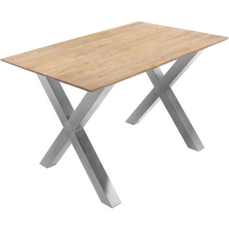 Esstisch 160x85cm Akazie massiv eichenfarben schweizer Kante X-Gestell silber DEAN